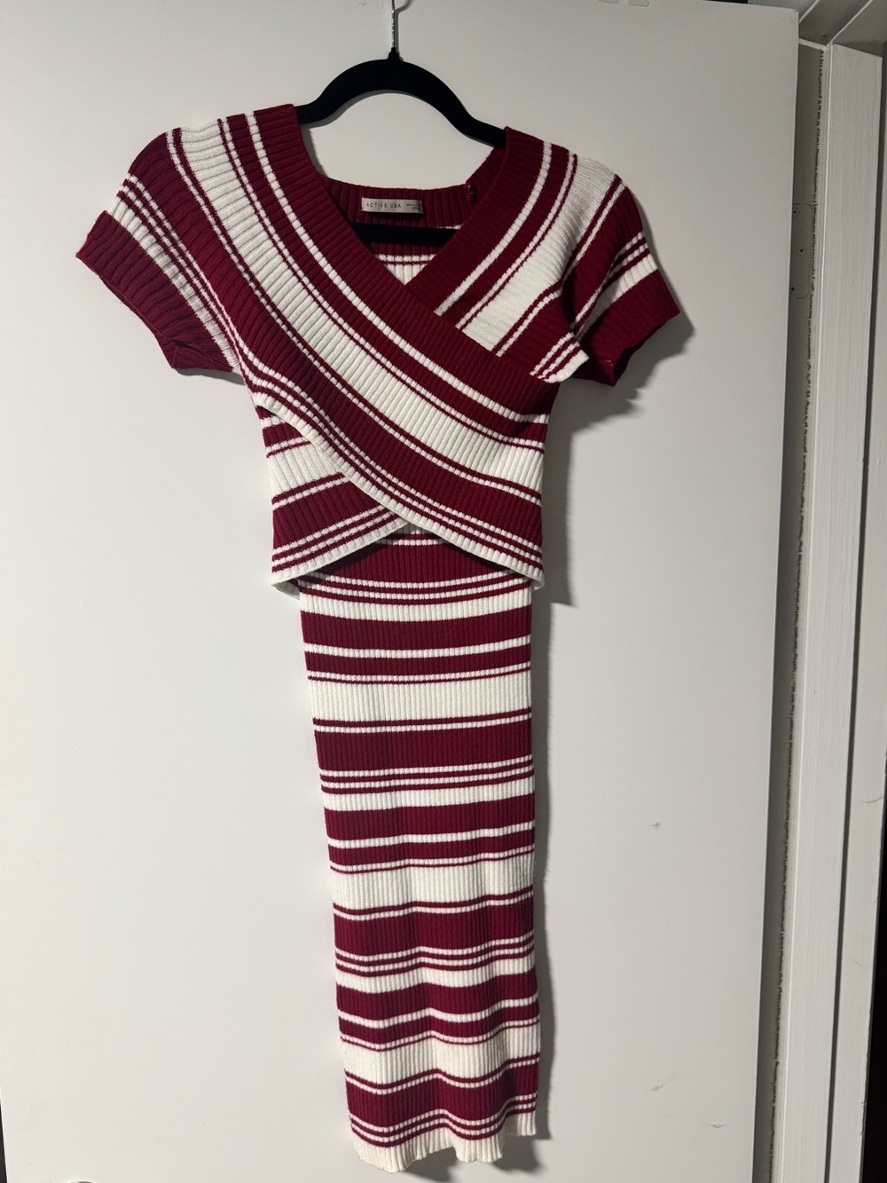 Striped Ribbed Knit Two-Piece Set in Red and White